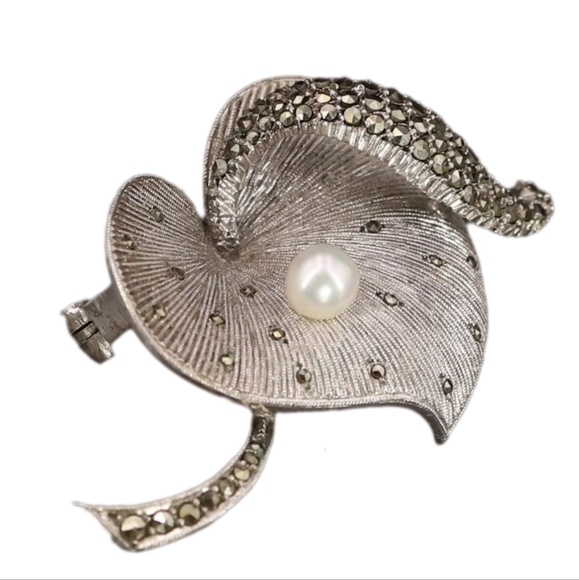 Theodore Fahrner Original Sterling Silver Marcasite FW Pearl Heart Brooch Pin - Picture 5 of 15